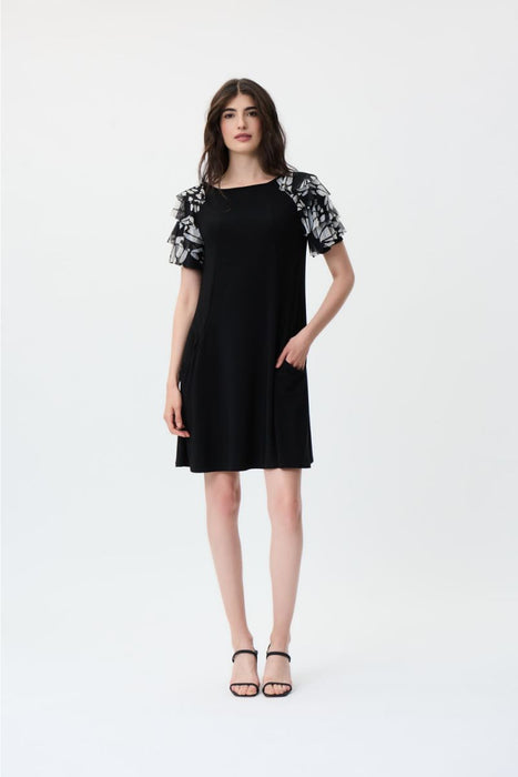Joseph Ribkoff Style 231048 Black/Beige/Cream Tiered Butterfly Print Sleeves Shift Dress
