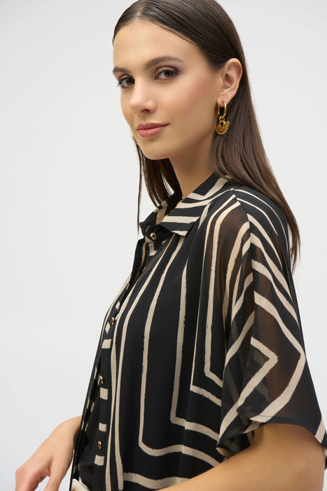 Joseph Ribkoff Black/Beige Geometric Sheer Chiffon Blouse 252934