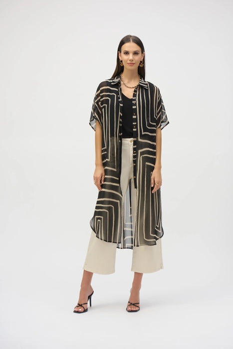 Joseph Ribkoff Black/Beige Geometric Sheer Chiffon Blouse 252934