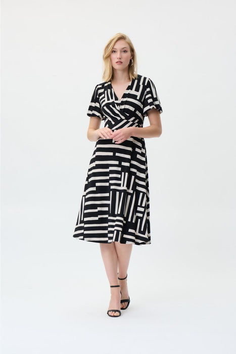 Joseph Ribkoff Style 231062 Black/Beige Geometric Print Faux Wrap A-Line Dress