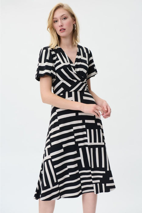 Joseph Ribkoff Black/Beige Geometric Print Faux Wrap A-Line Dress 231062 NEW