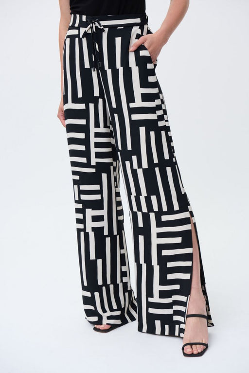 Joseph Ribkoff Style 231065 Black/Beige Geometric Print Side Split Wide-Leg Pants