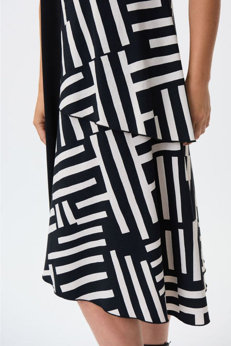 Joseph Ribkoff Black/Beige Tiered Geometric Print Asymmetric Trapeze Dress 231110 NEW