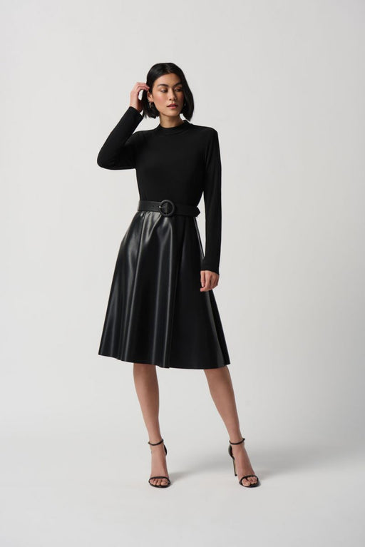 Joseph Ribkoff Style 234098 Black Belted Faux Leather Long Sleeve Fit & Flare Dress