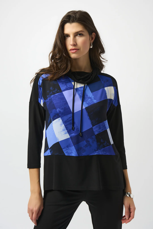 Joseph Ribkoff 253265 Black/Blue Plaid Print Mock Neck 3/4 Sleeves Tunic Top