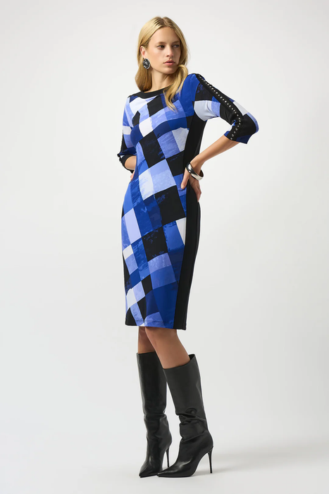 Joseph Ribkoff 253278 Black/Blue Plaid Print Sheath Dress