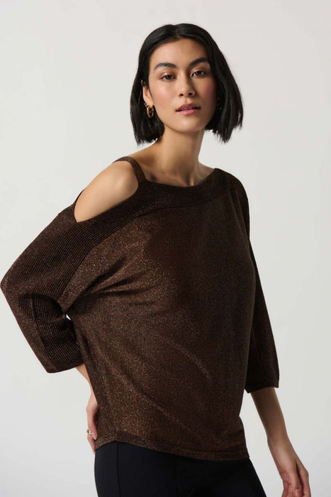Joseph Ribkoff Style 234916 Black/Bronze Sparkle Knit Cold-Shoulder Sweater Top