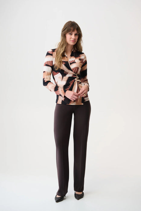 Joseph Ribkoff Black/Brown Abstract Print Faux Wrap Top 254218
