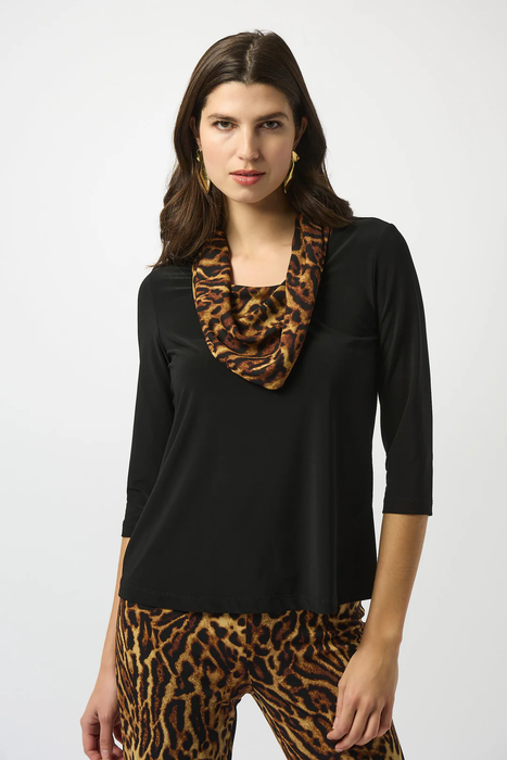 Joseph Ribkoff 253222 Black/Brown Animal Print Cowl Neck Long Sleeves Top