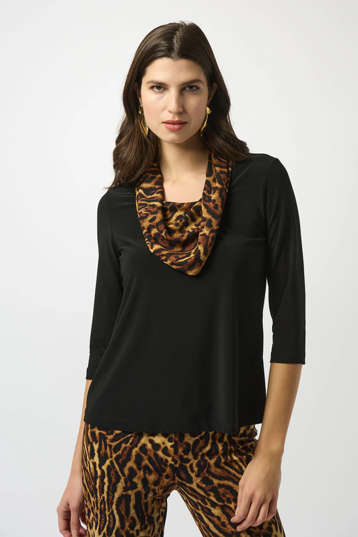 Joseph Ribkoff 253222 Black/Brown Animal Print Cowl Neck Long Sleeves Top