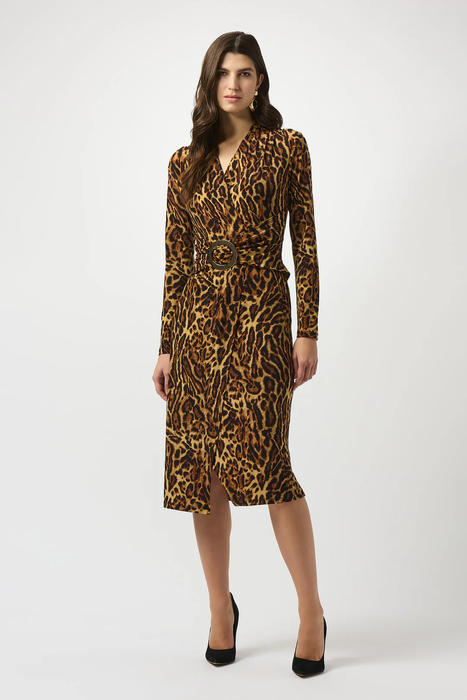 Joseph Ribkoff 253091 Black/Brown Animal Print Faux Wrap Dress