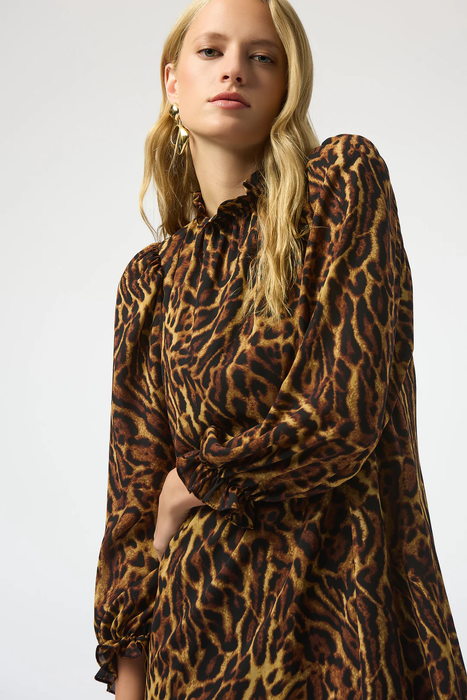 Joseph Ribkoff Black/Brown Animal Print Georgette Long Puffed Sleeve Trapeze Dress 253148