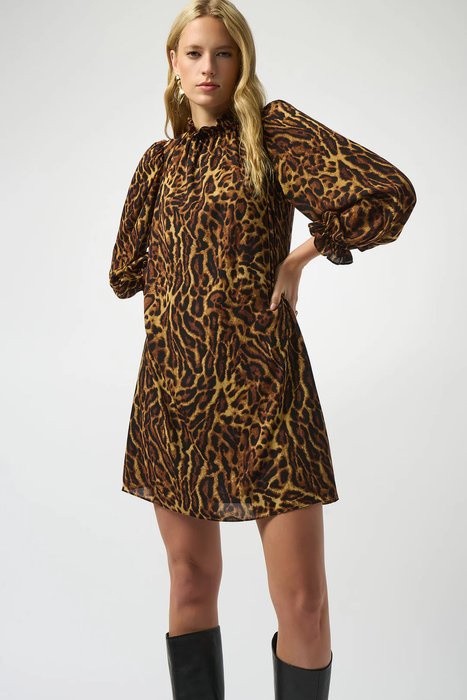 Joseph Ribkoff 253148 Black/Brown Animal Print Georgette  Long Puffed Sleeve Trapeze Dress