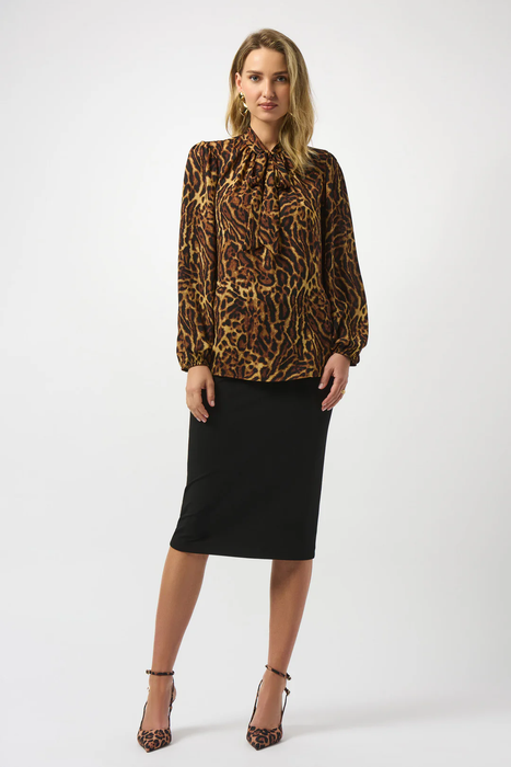 Joseph Ribkoff Black/Brown Animal Print Georgette Puff Sleeves Top 253077