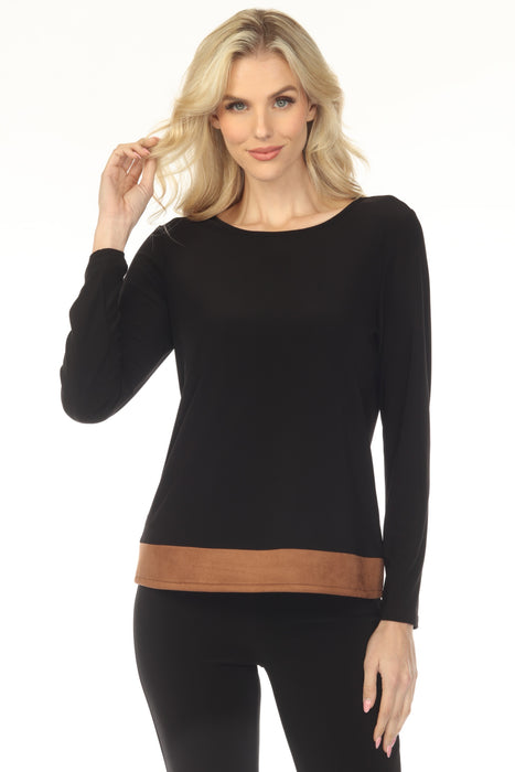 Woman wearing a color block top withe brown faux suede hem from Joseph Ribkoff