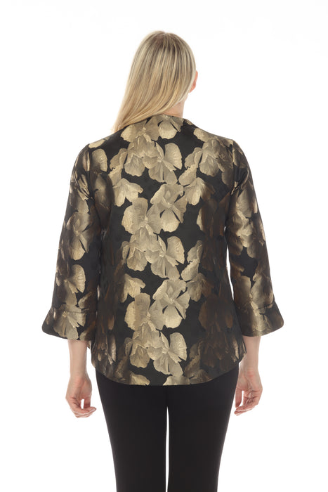 Joseph Ribkoff Black/Bronze Floral Foil Print Wrap Front 3/4 Sleeve Swing Jacket 233791