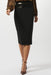 Woman wearing  black knee length pencil skirt with high waist and buckle detail from Joseph Ribkoff