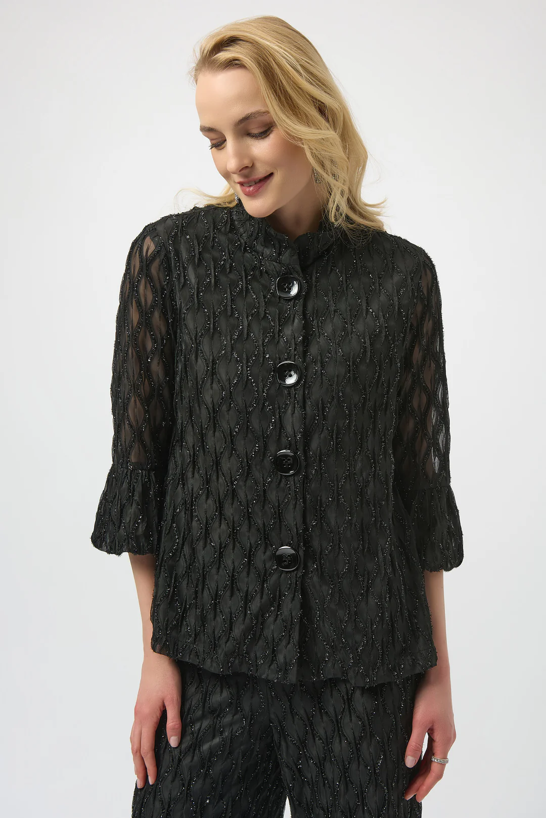 Joseph Ribkoff Black Cascade Print 3/4 Sleeves Trapeze Jacket