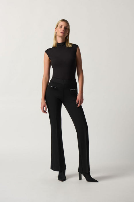 Joseph Ribkoff Black Chain Accent Pull On Ponte Knit Flared Pants 233248