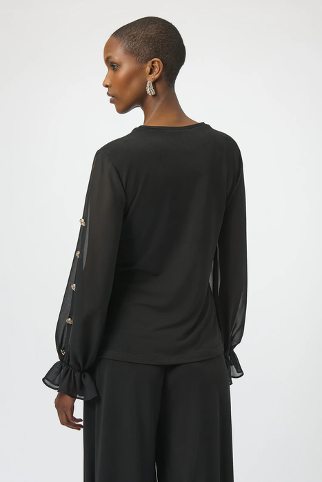 Joseph Ribkoff Black Chiffon Long Puff Sleeves Fitted Top 254093