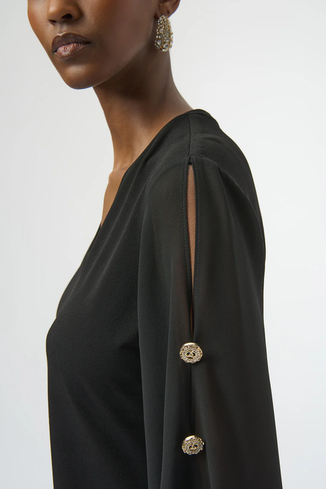 Joseph Ribkoff Black Chiffon Long Puff Sleeves Fitted Top 254093