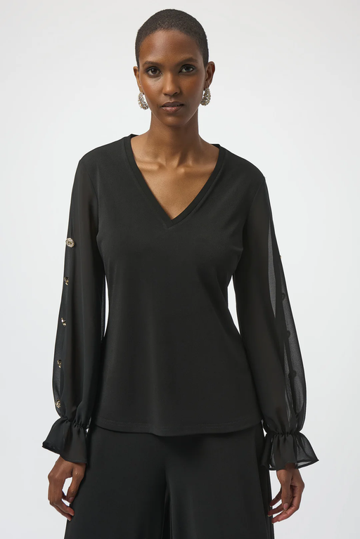 Joseph Ribkoff 254093 Black Chiffon Long Puff Sleeves Fitted Top