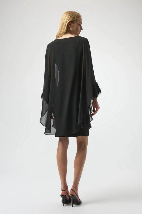 Joseph Ribkoff Black Chiffon Overlay Fringe Cuff Dress 254186