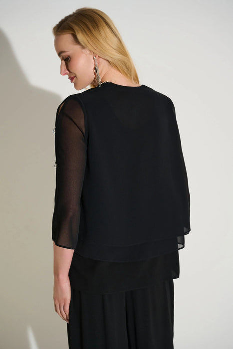 Joseph Ribkoff Black Chiffon Rhinestone Detail Twin Set Top 253755