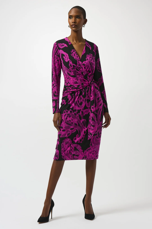Joseph Ribkoff 253282 Black/Cosmos Paisley Print Faux Wrap Sheath Dress