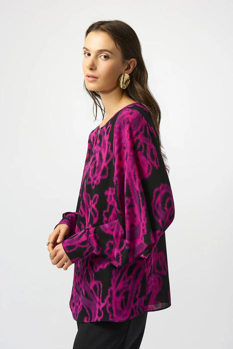 Joseph Ribkoff 253086 Black/Cosmos Paisley Print Georgette Long Cuffed Sleeves Top