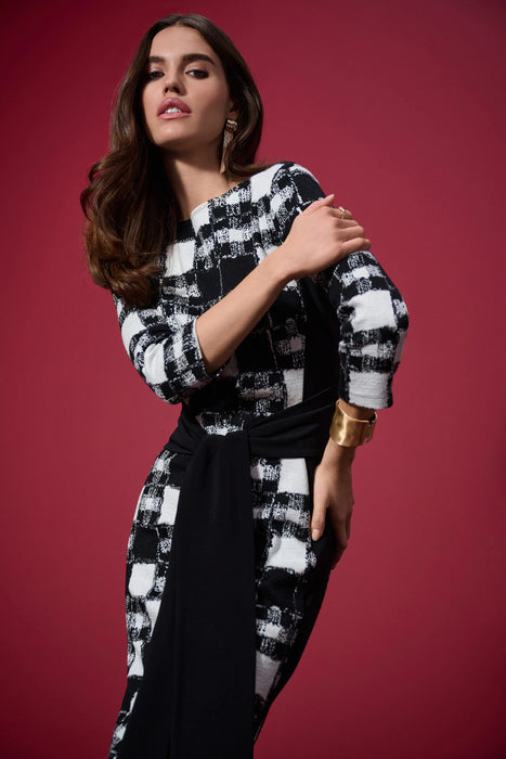 Joseph Ribkoff Black/Cream Checkered Jacquard Sheath Dress 253289