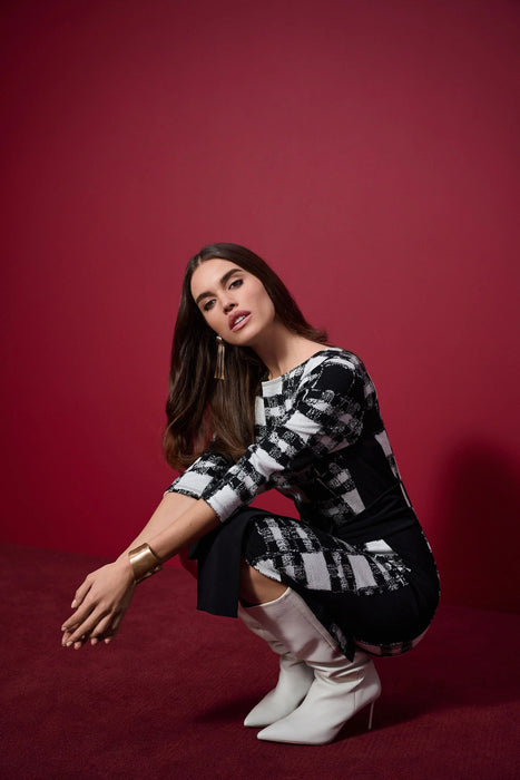 Joseph Ribkoff Black/Cream Checkered Jacquard Sheath Dress 253289