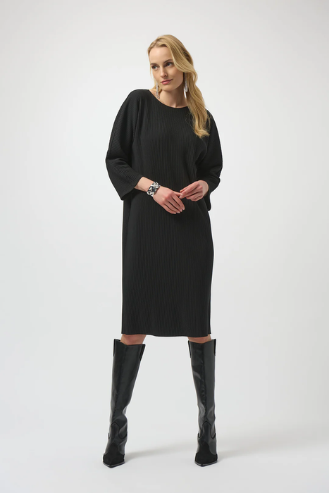 Joseph Ribkoff Black Crew Neck 3/4 Sleeves Pleated Dress 254214