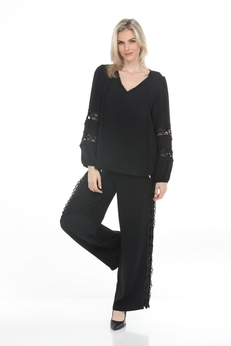 Joseph Ribkoff Black Crochet-Trim Wide-Leg Pants 262184
