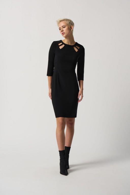 Joseph Ribkoff Style 233040 Black Cutout Detail 3/4 Sleeves Fitted Sheath Dress