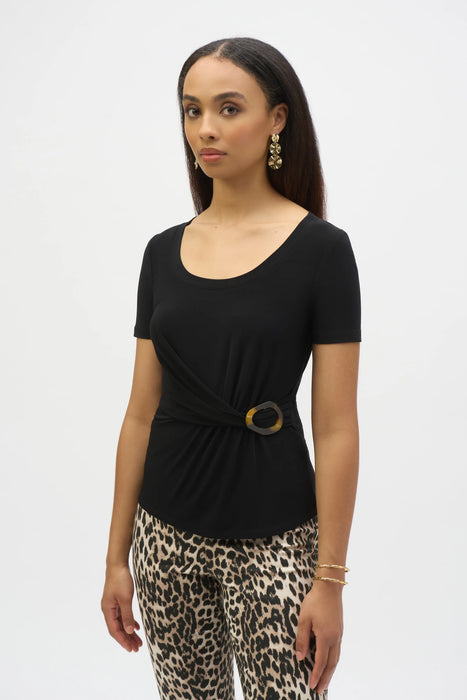 Joseph Ribkoff Style 252230 Black Drape Front Buckle Detail Fitted Top
