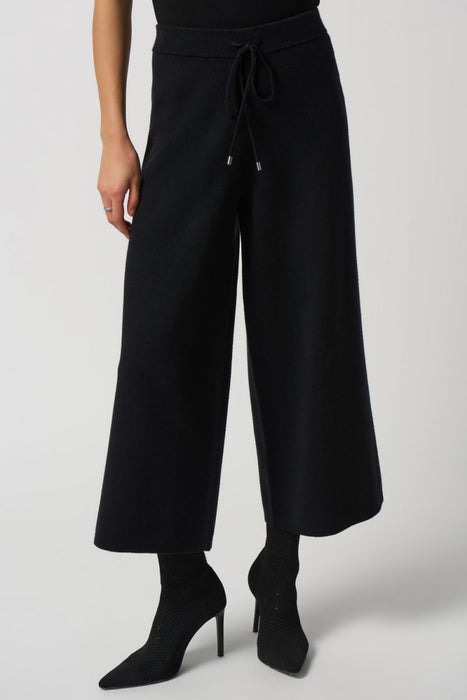 Joseph Ribkoff Style 233908 Black Drawstring Pull On Cropped Wide-Leg Knit Pants