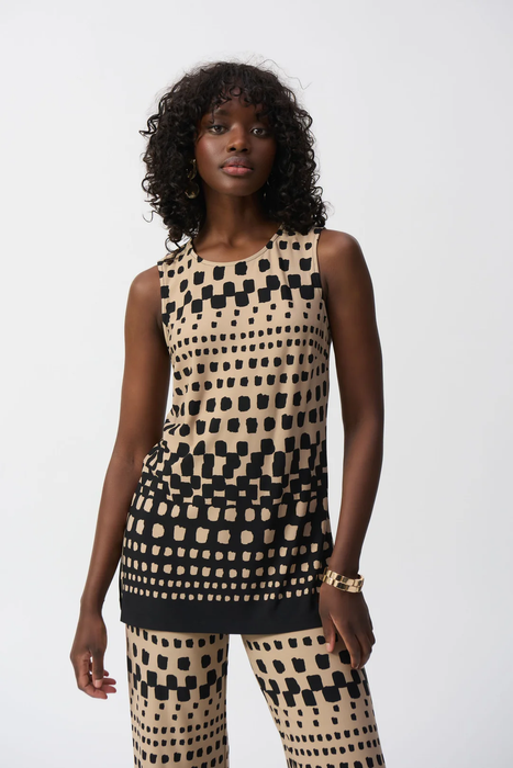 Joseph Ribkoff 251193 Black/Dune Polka Dot Print Crew Neck Sleeveless Tunic Top