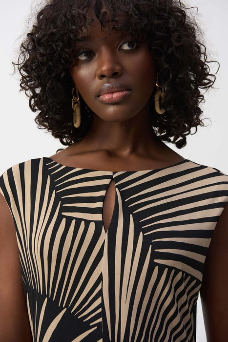 Joseph Ribkoff Black/Dune Tropical Print High Low Sleeveless Dress 251107
