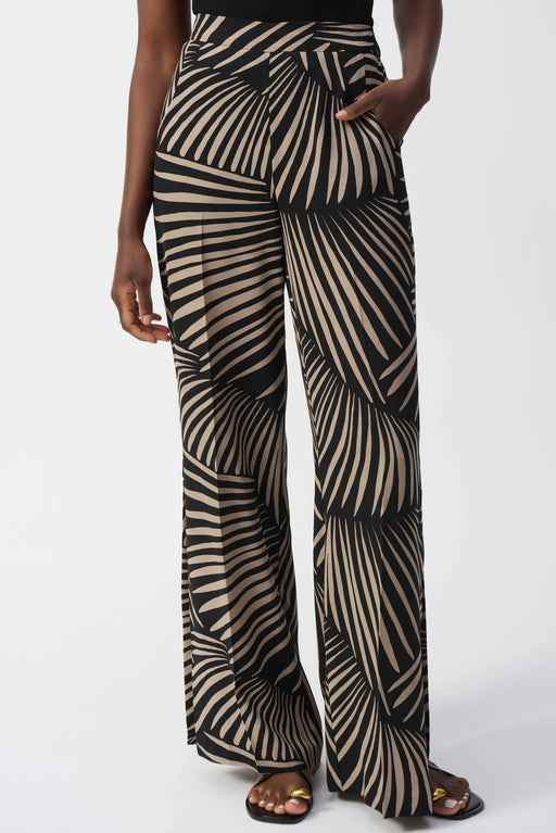 Joseph Ribkoff Style 251085 Black/Dune Tropical Print Side Slit Wide Leg Pants