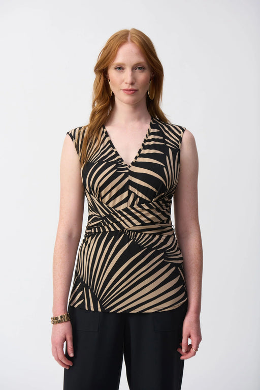 Joseph Ribkoff Style 251171 Black/Dune Tropical Print Waist Sash Flared Top