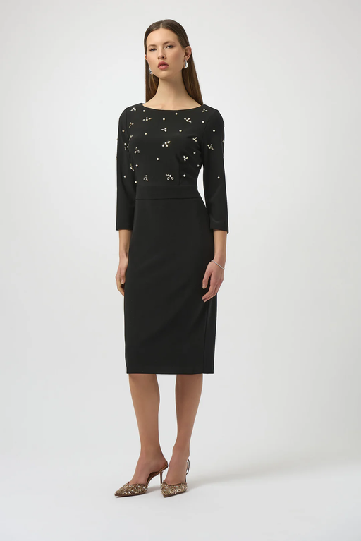 Joseph Ribkoff 254007 Black Embellished 3/4 Sleeves Sheath Dress