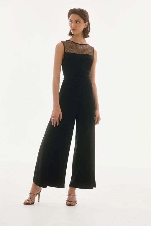 Joseph Ribkoff Style 251748 Black Embellished Mesh Yoke Ruched Jumpsuit
