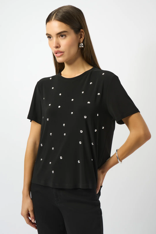 Joseph Ribkoff 253203 Black Embellished Short Sleeve Boxy Top