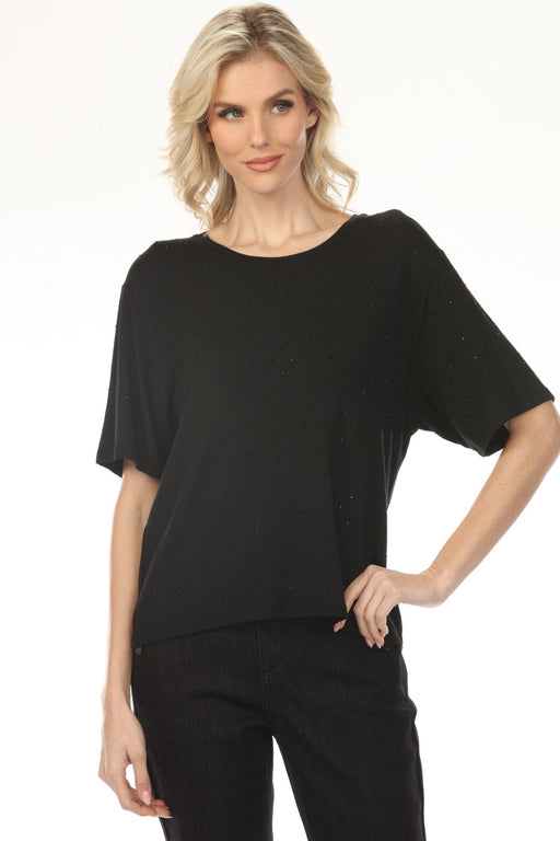 Woman wearing a black t-shirt with embellishments and short sleeves from Joseph Ribkoff