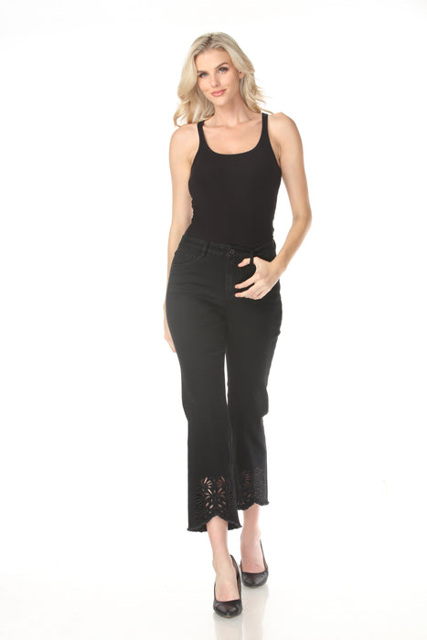 Woman styling Joseph Ribkoff floral eyelet denim for everyday wear