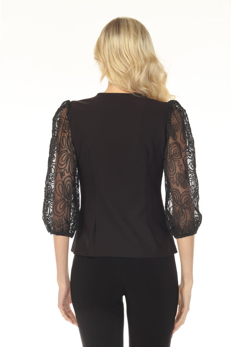 Joseph Ribkoff Black Embroidered Mesh Sleeve Fitted Blazer 254189