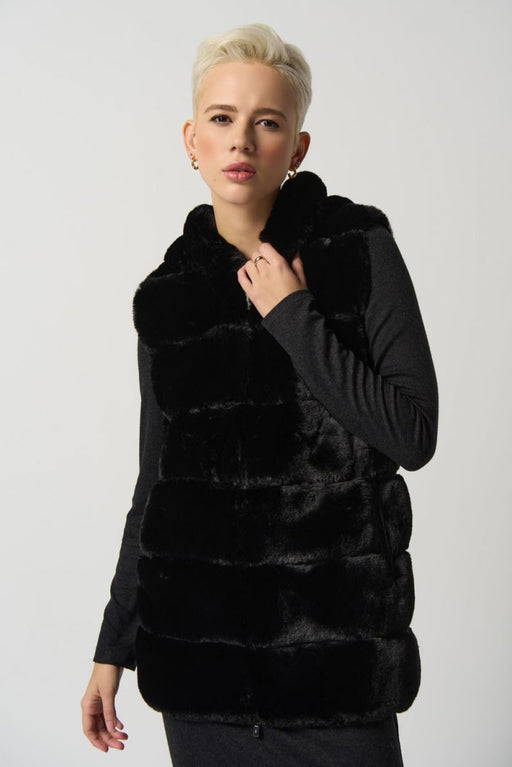 Joseph Ribkoff Style 233921 Black Faux Fur Reversible Hooded Puffer Vest