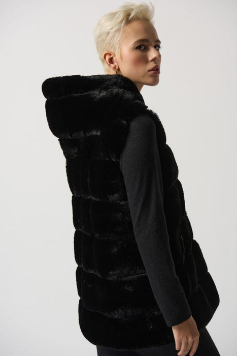 Joseph Ribkoff Black Faux Fur Reversible Hooded Puffer Vest 233921