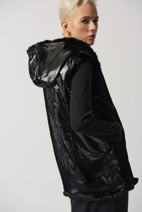 Joseph Ribkoff Black Faux Fur Reversible Hooded Puffer Vest 233921